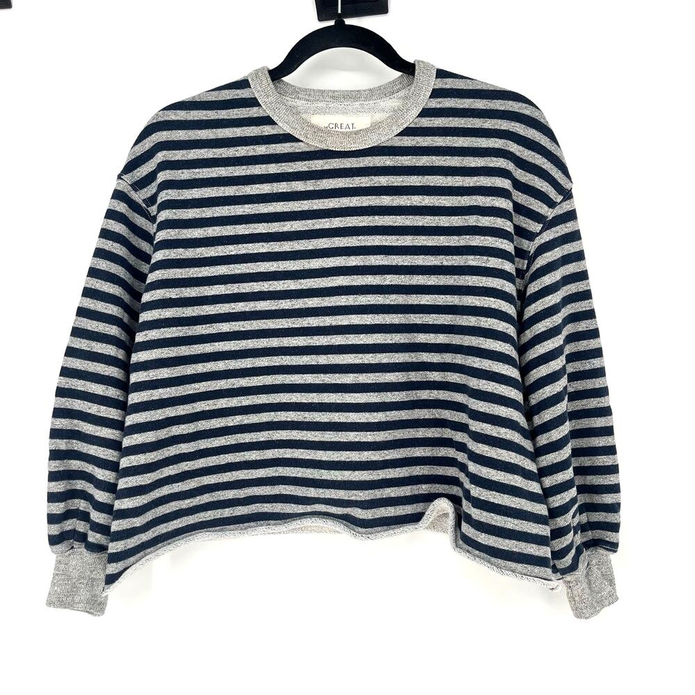 The Great Gray Blue Striped Cropped Oversized Sweatshirt XS